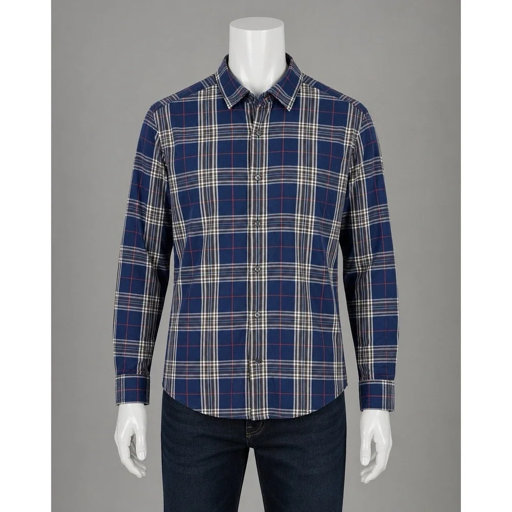 Banana Republic Shirt Men's Large 16-16.5 Navy Plaid Slim Fit Button Down Cotton